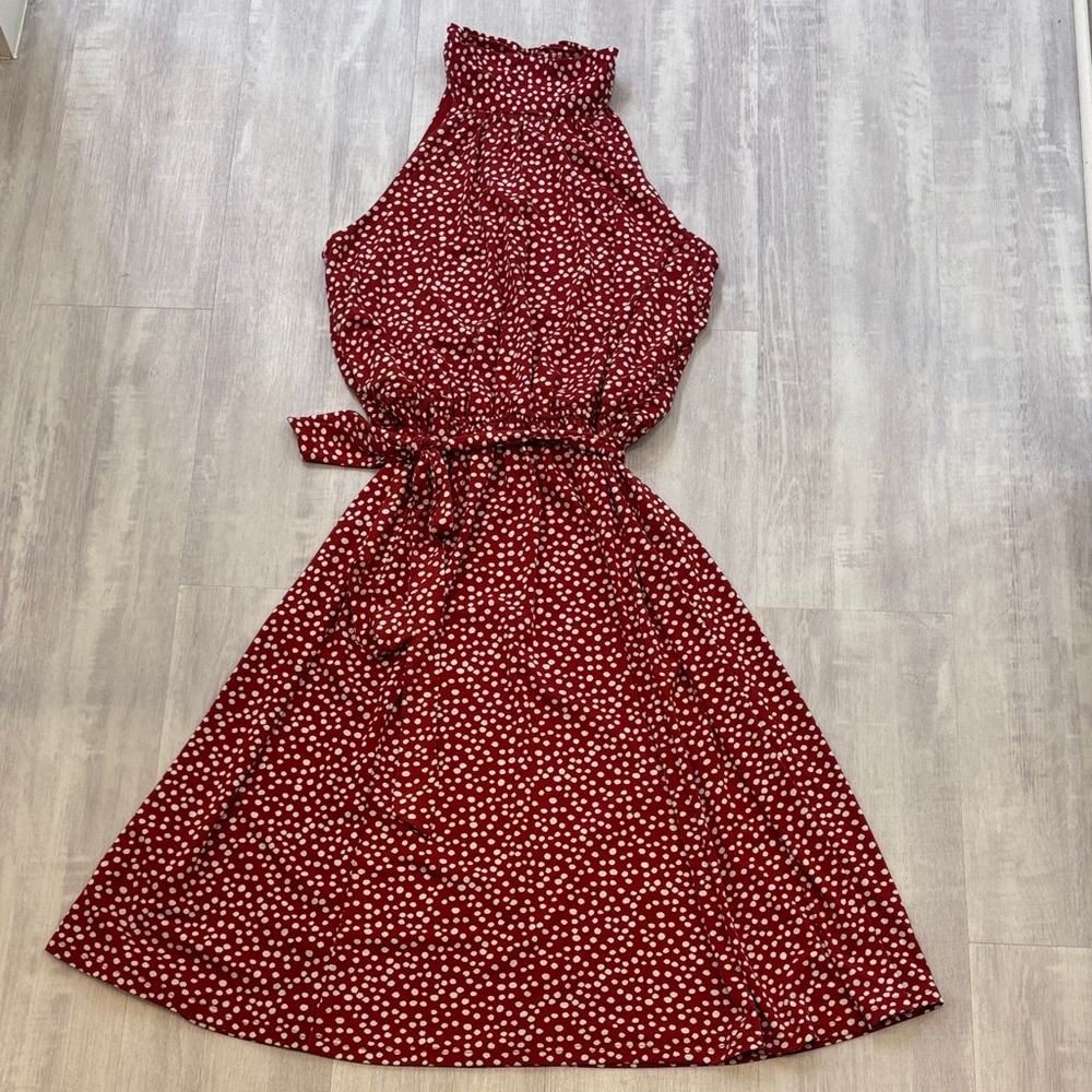 Enfocus Studio Red and White Polka Dot Halter Dress with Tie Front